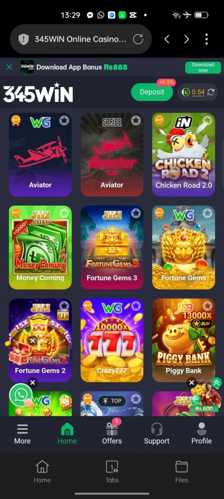 345win game available games screenshot